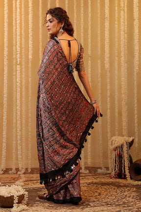 Light Brown Pure Mulberry Silk Printed And Embroidered Saree