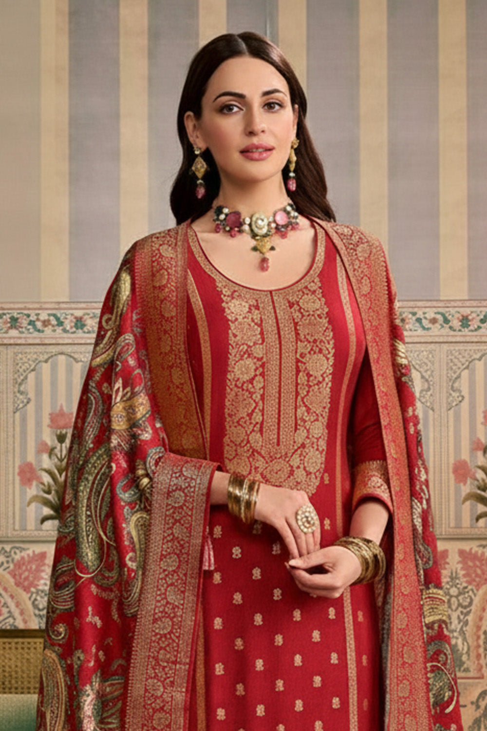 Maroon Color Pashmina Woven Unstitched Suit Material