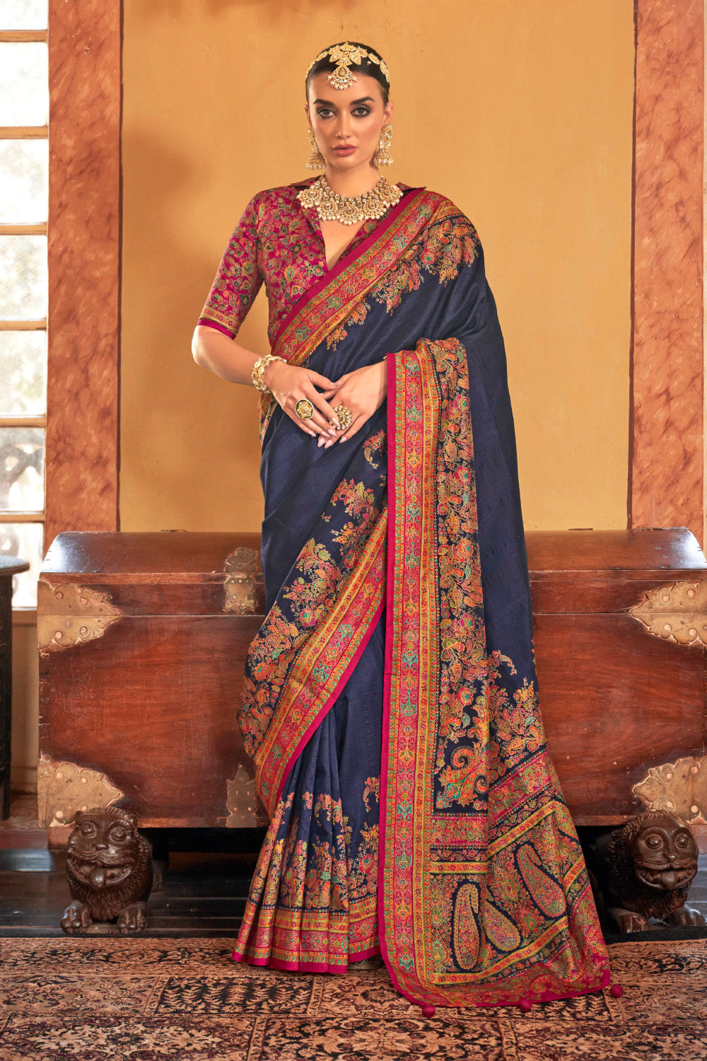 Navy Color Gajji Silk Printed Saree