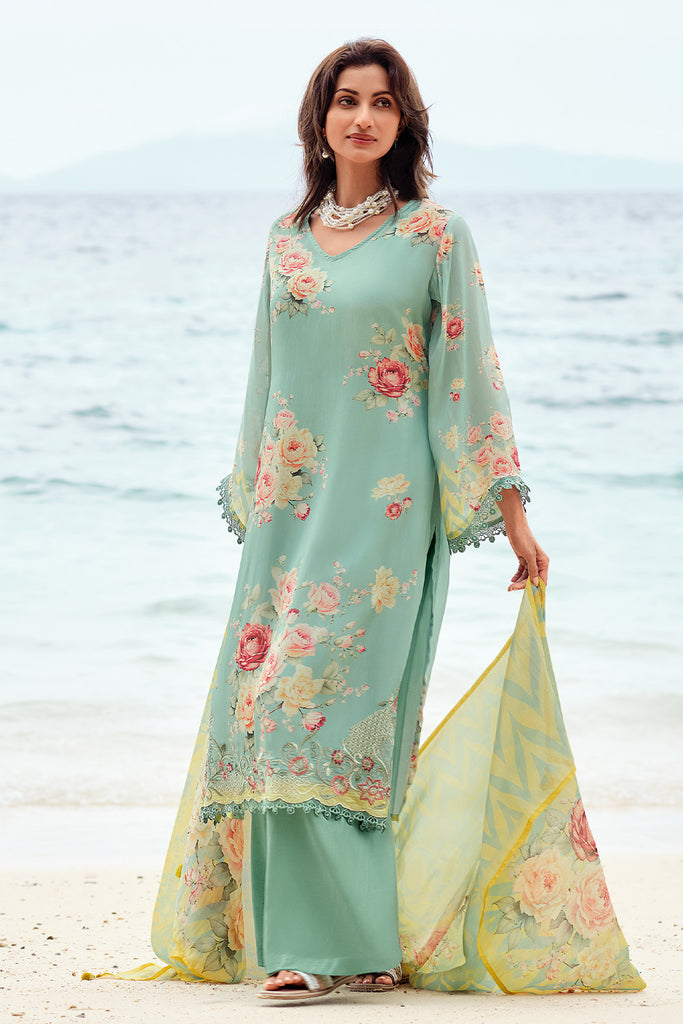 Sea Green Color Floral Printed Organza Tissue Suit