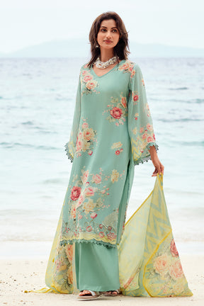 Sea Green Color Floral Printed Organza Tissue Suit