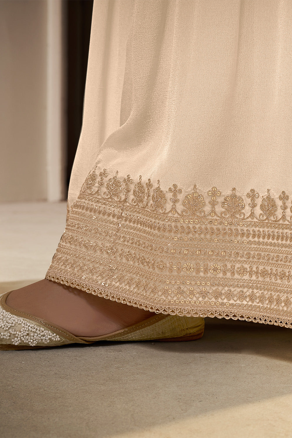 Cream Crepe Silk Zari Embroidered Suit With Embroidered Palazzo