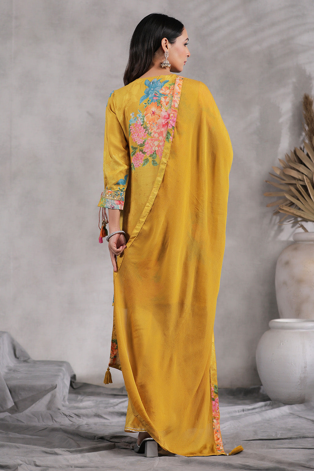 Mustard Color Muslin Floral Printed Suit With Sharara