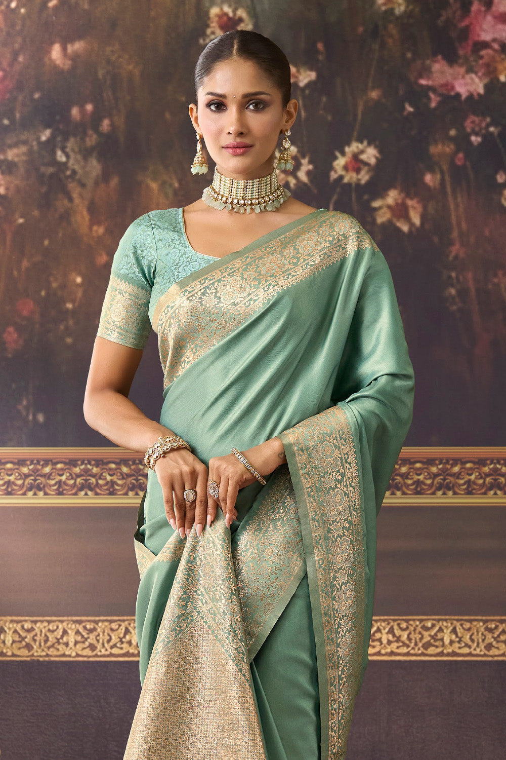 Sea Green Zari Woven Mulberry Silk Saree