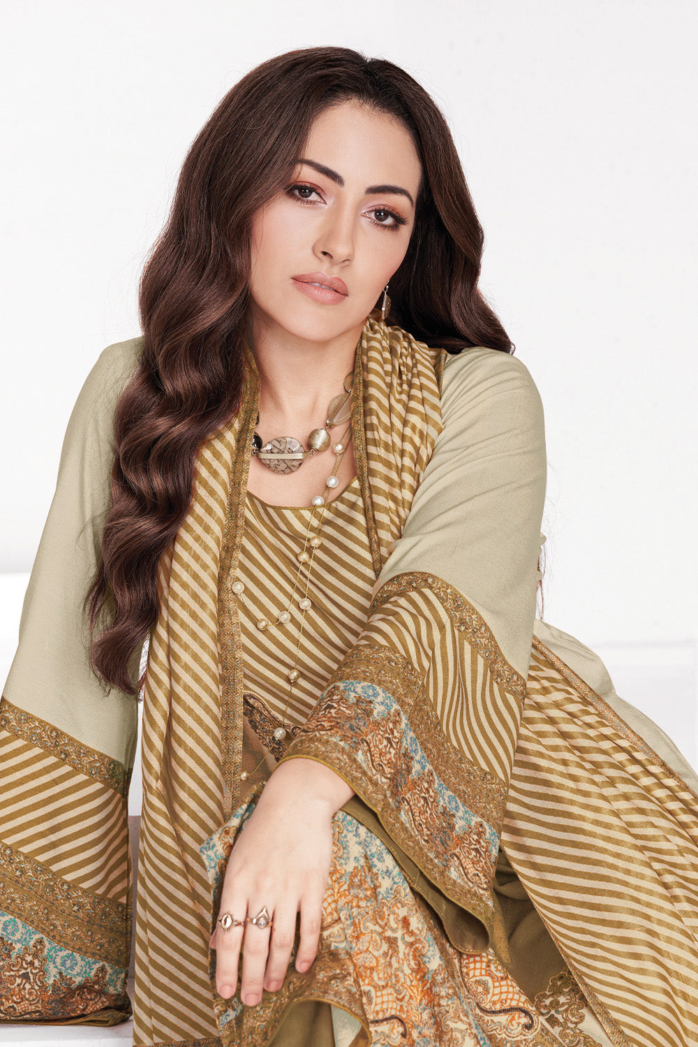 Olive Green Kashmiri Paisley Printed Unstitched Suits Material