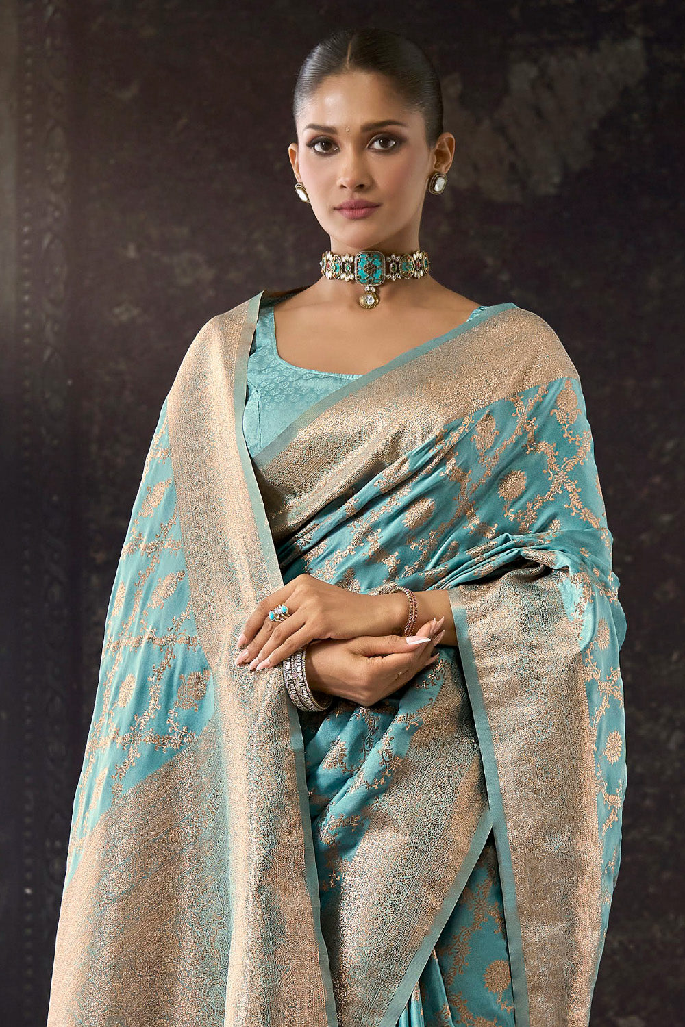 Light Turquoise Katan Silk Banarasi Woven Saree