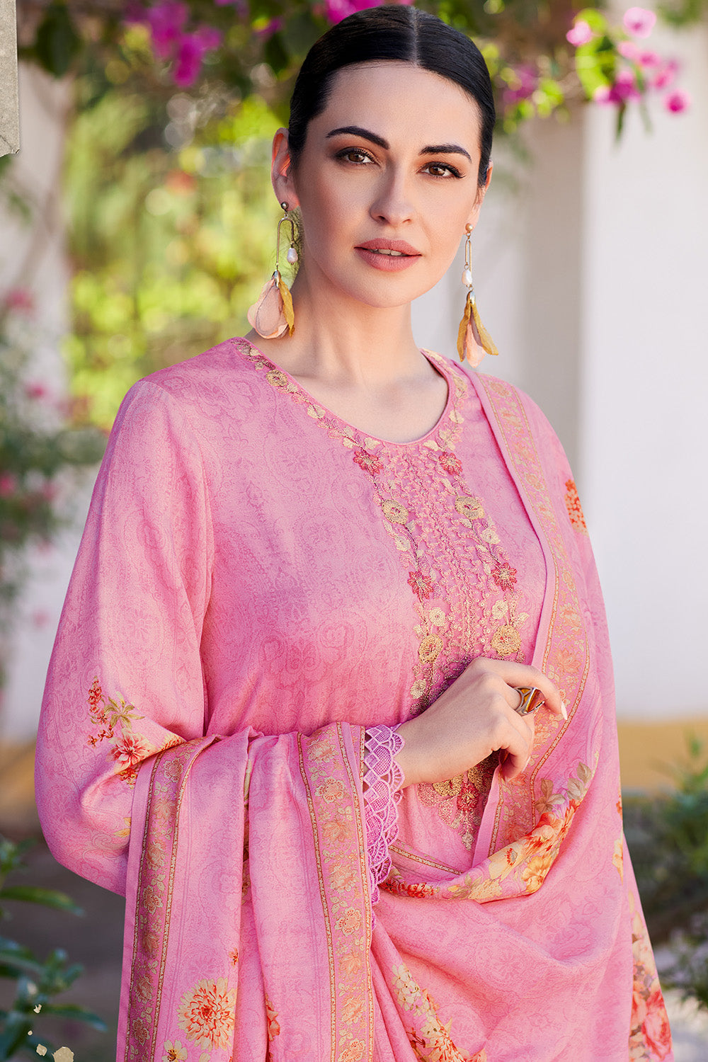 Pink Color Muslin Neck Embroidered & Floral Printed Suit