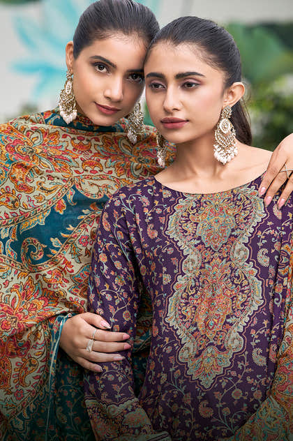 Teal Blue Muslin Floral Printed Unstitched Suit Material