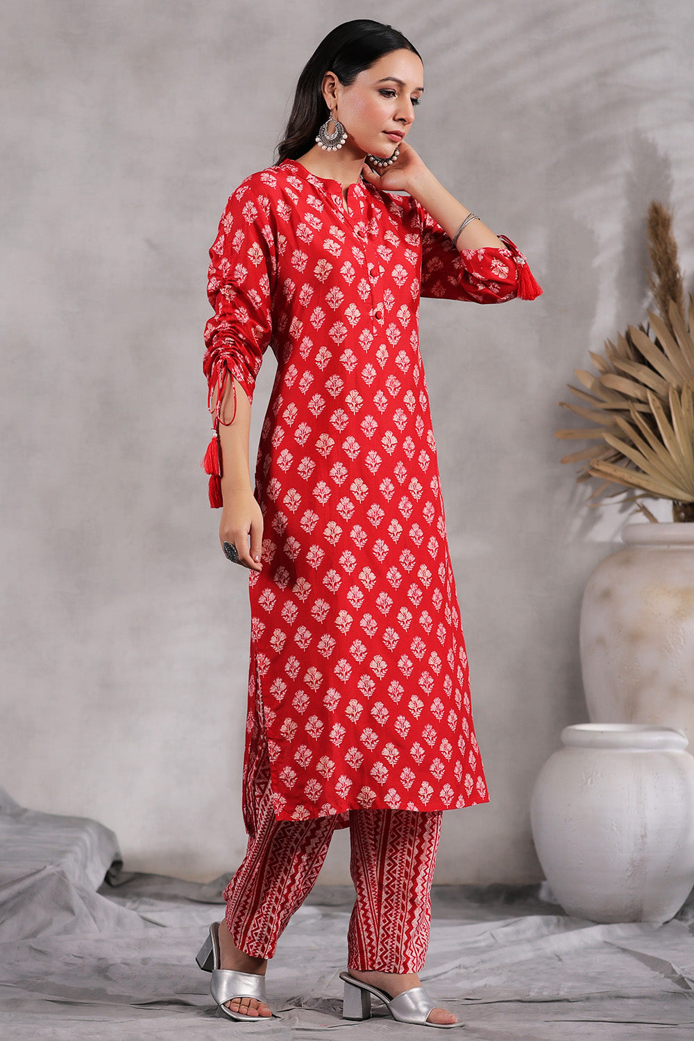 Red Color Printed Muslin Kurta Set