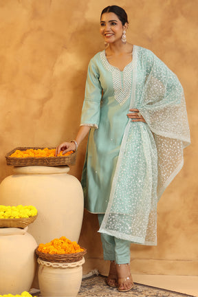 Powder Blue Color Cotton Neck Embroidered Unstitched Suit Fabric