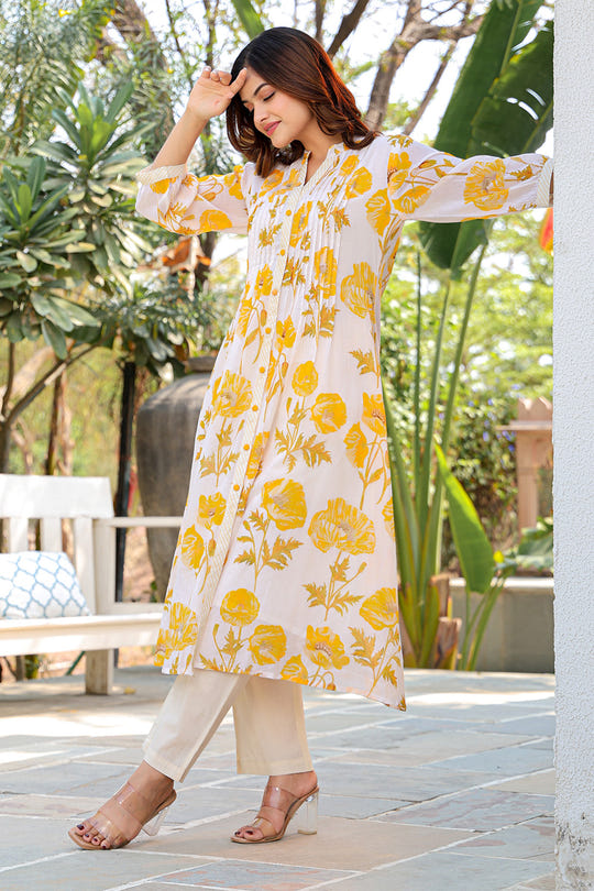 Cream & Yellow Cotton Floral Printed Kurta Set