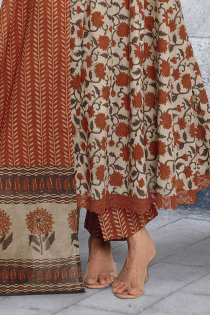 Beige & Rust Cotton Floral Printed Floor Lenght Anarkali Suit