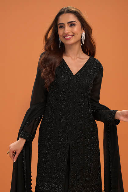 Black Crepe Silk Embroidered Suit With Palazzo
