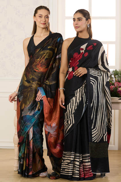 Black Abstract Printed Jacquard Silk Saree