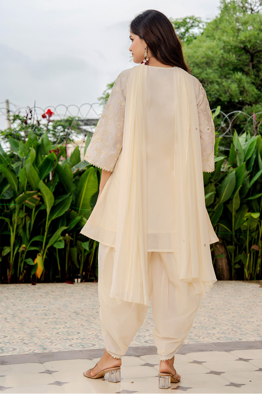 Cream Chanderi Chanderi Embroidered And Gota-Patti Work Suit With Dhoti Style Pant