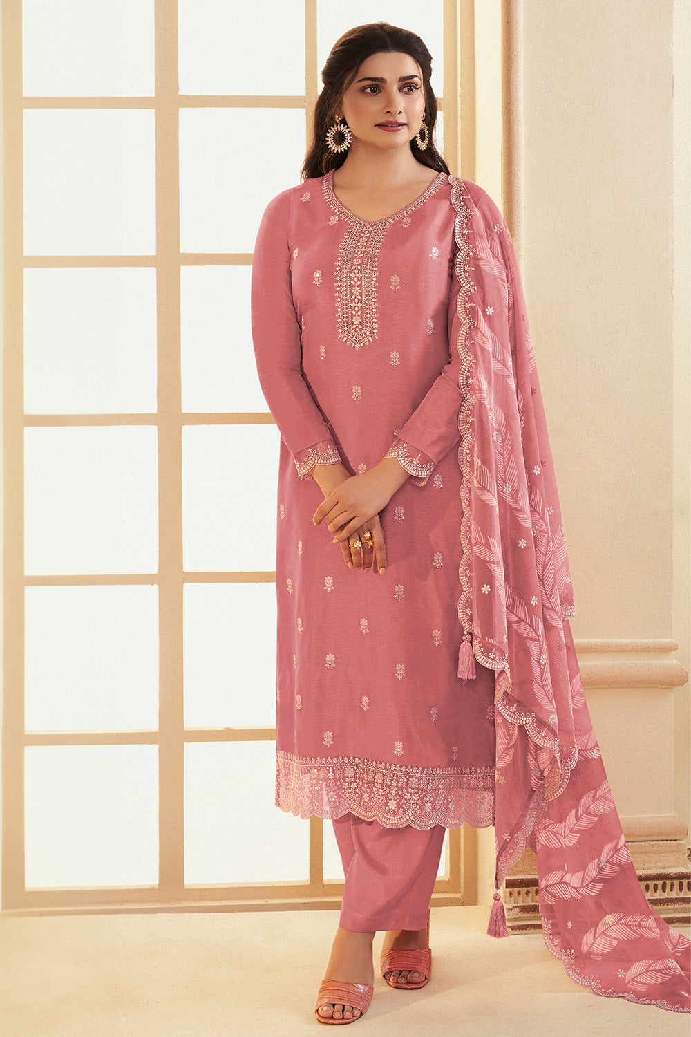 Peach Color Embroidered Crepe Silk Unstitched Suit Fabric