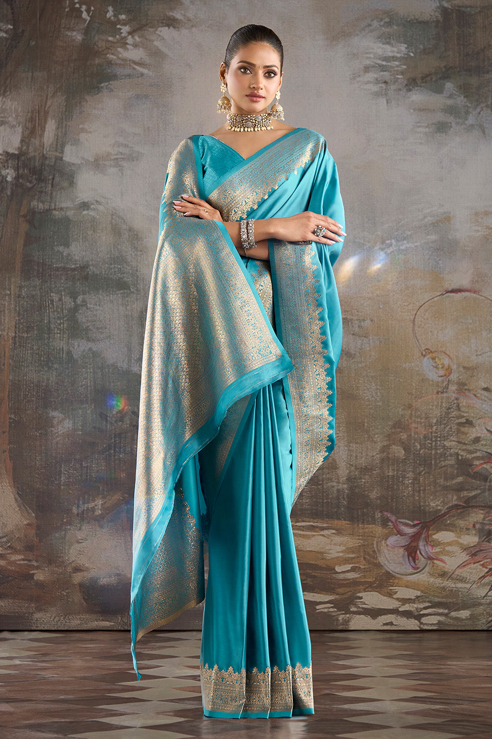 Pacific Blue Zari Woven Satin Silk Saree