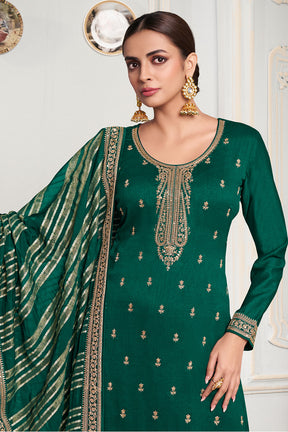 Green Color Embordered Crepe Silk Unstitched Suit Material