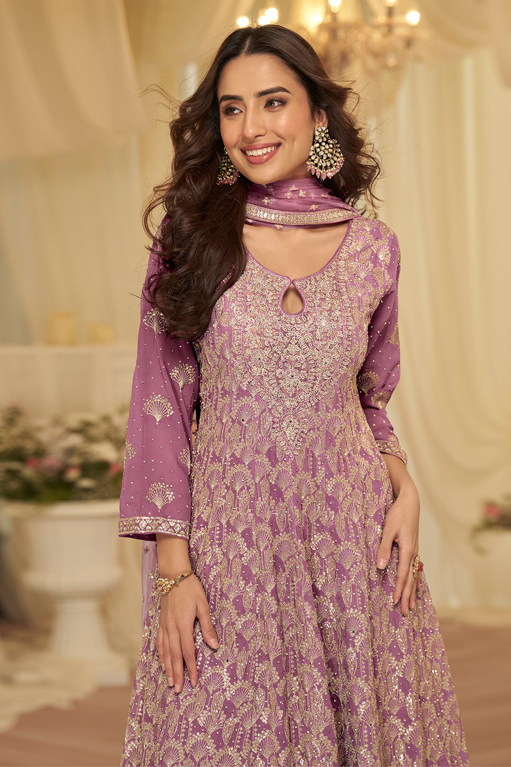 Mauve Georgette Embroidered Anarkali Suit Set