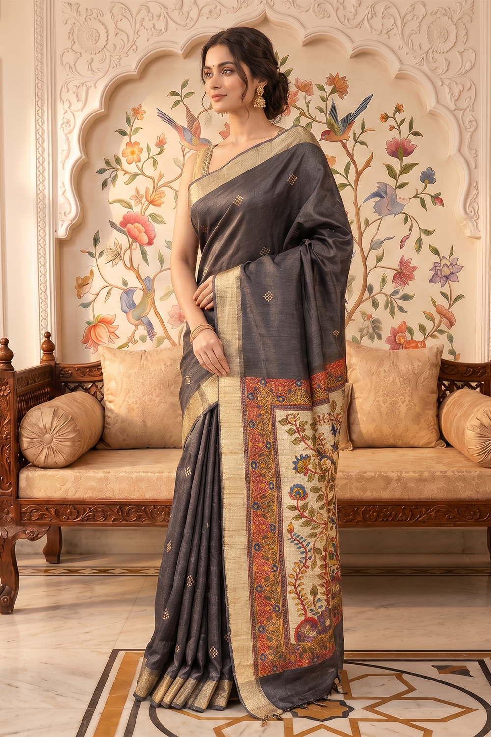 Black Cotton Printed And Woven Border Saree