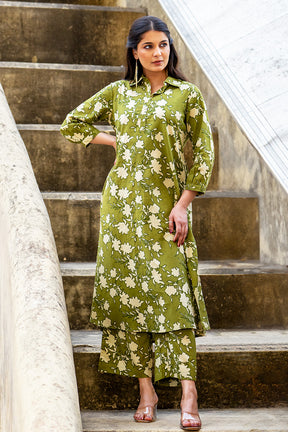 Green Floral Vine Printed  Cotton Kurta Set