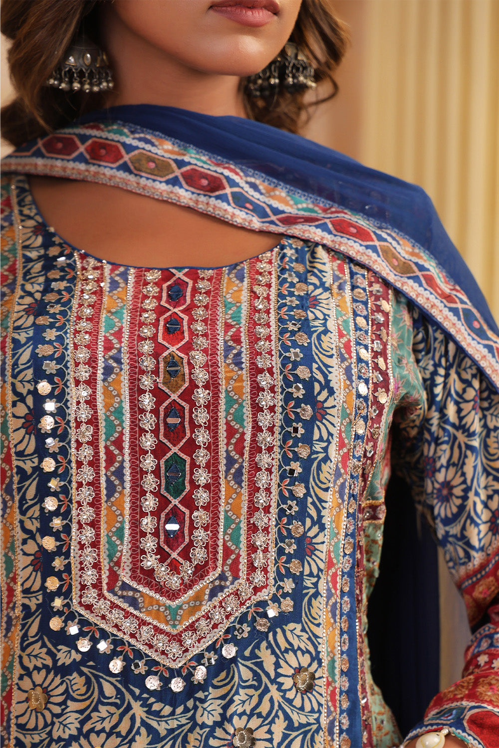 Blue Color Crepe Embroidered and Printed Suit