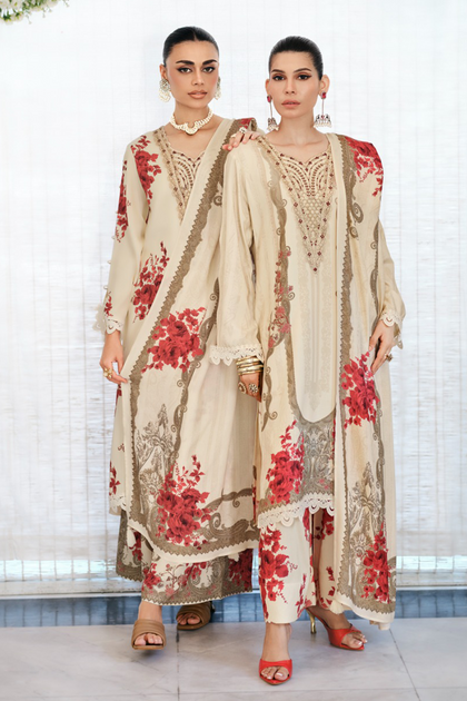 Cream Crepe Silk Floral Printed Unstitched Suit Material