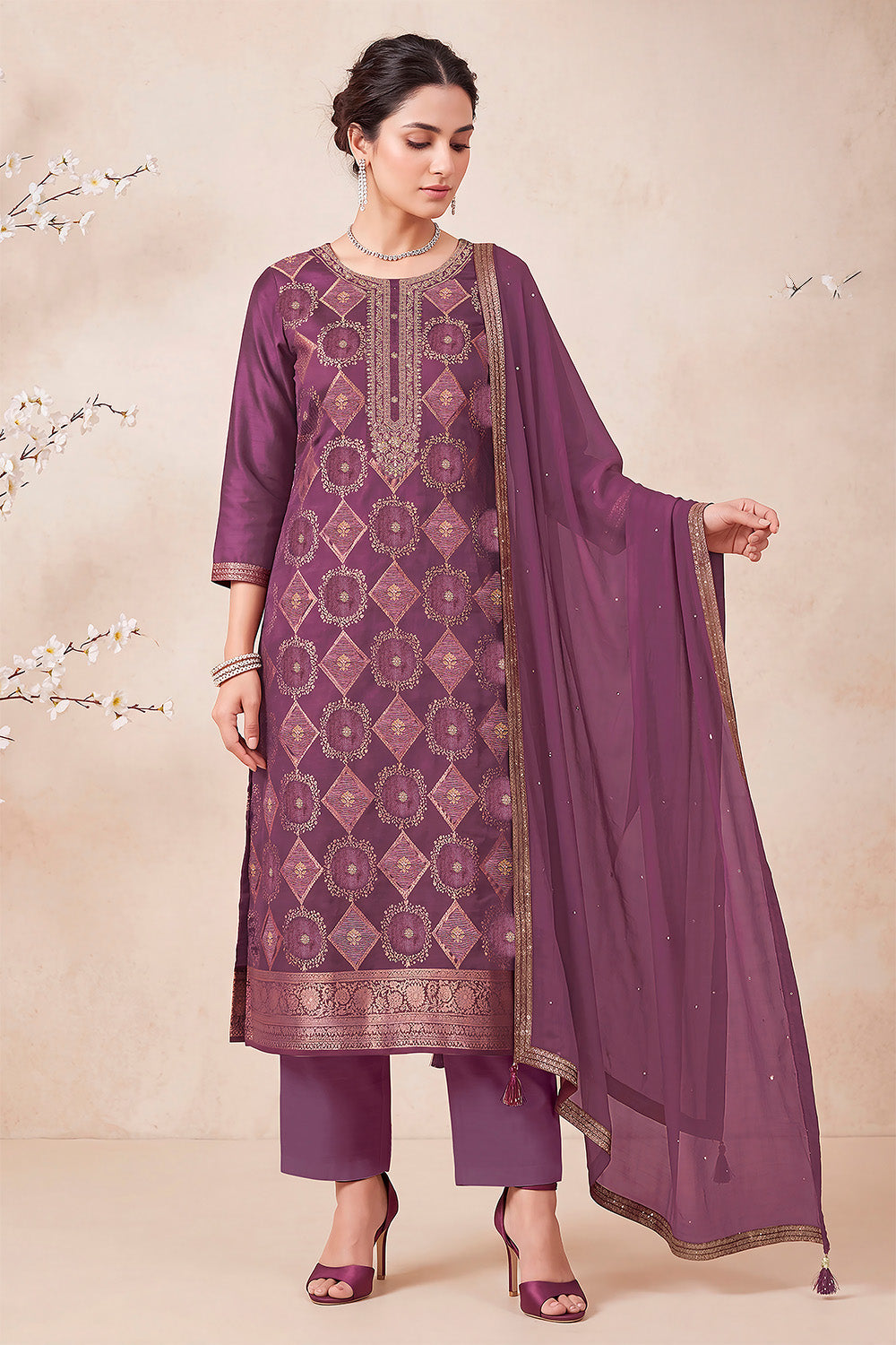 Wine Zari Woven Silk Unstitched Suit Fabric