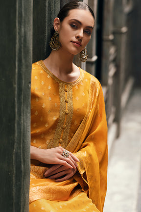 Mustard Color Organza Embroidered Unstitched Suit Material