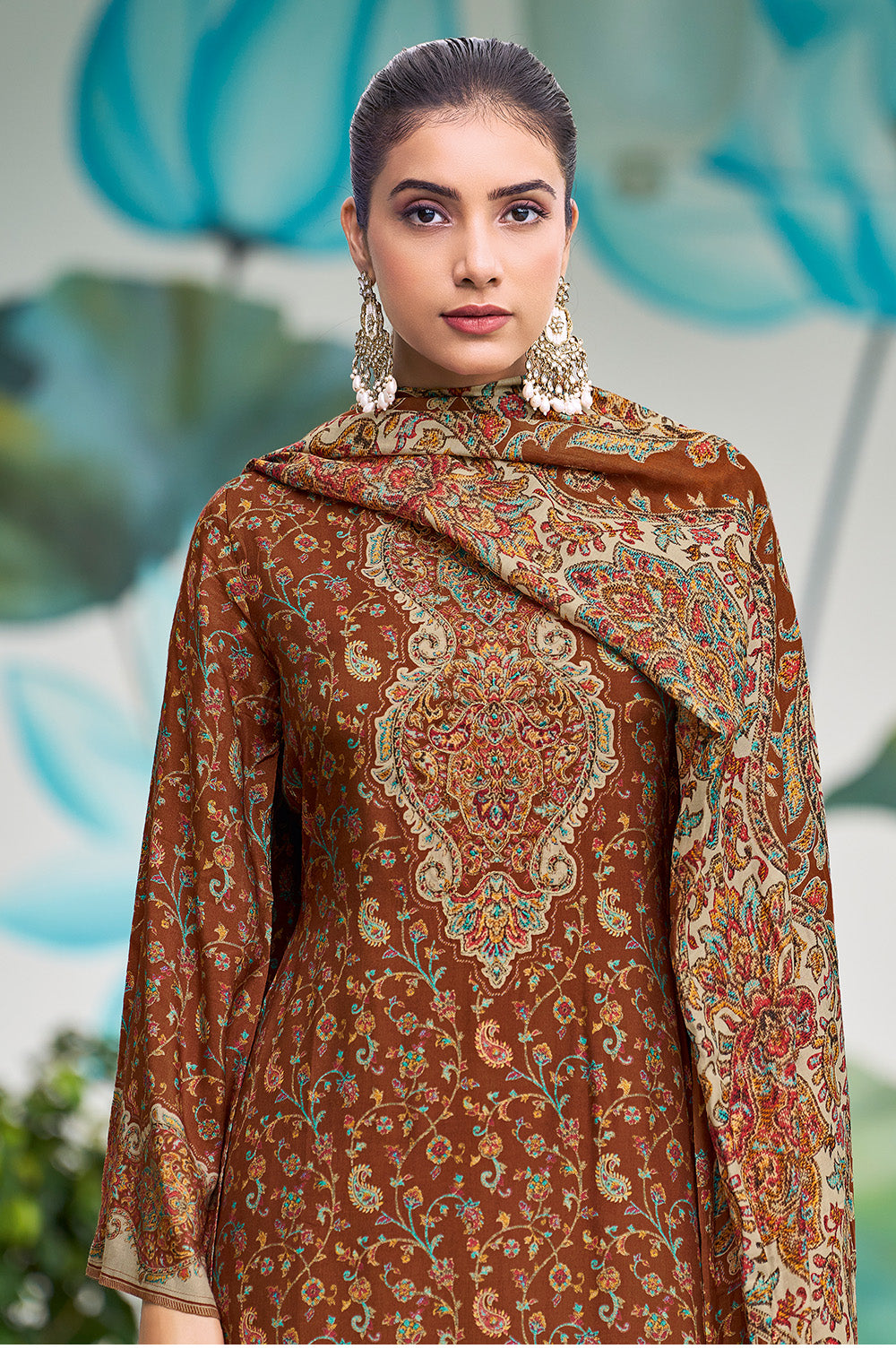 Rust Muslin Floral Printed Unstitched Suit Material