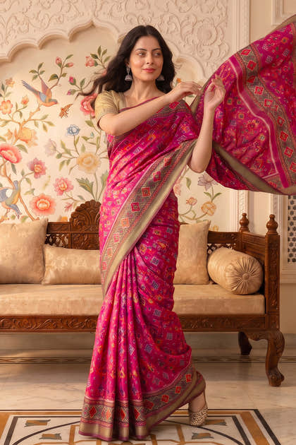 Rani Cotton Printed And Woven Border Saree