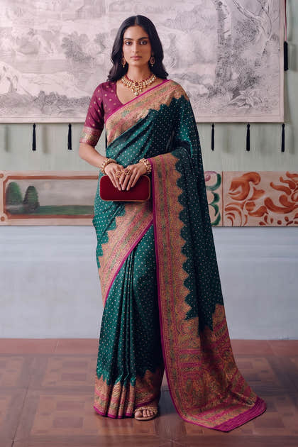 Bottle Green Soft Silk Kalamkari Woven Saree