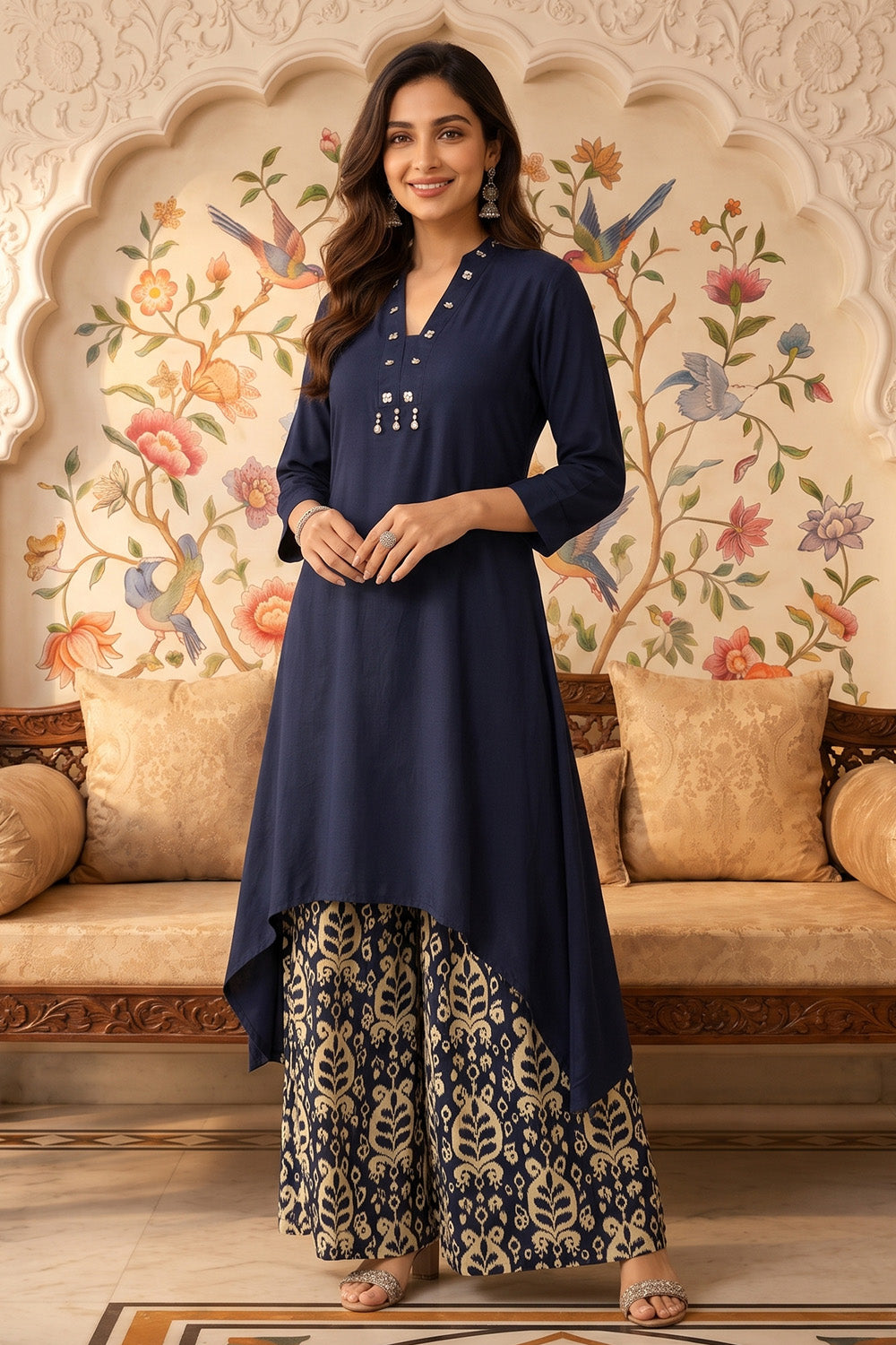 Navy Rayon Cotton Kurta With Printed Palazzo