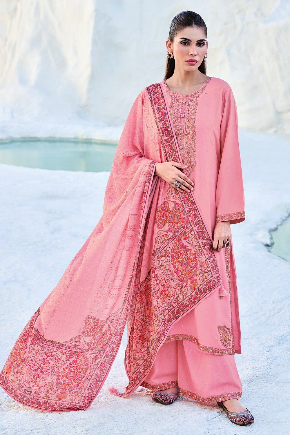 Pink Color Crepe Silk Embroidered Unstitched Suit Material