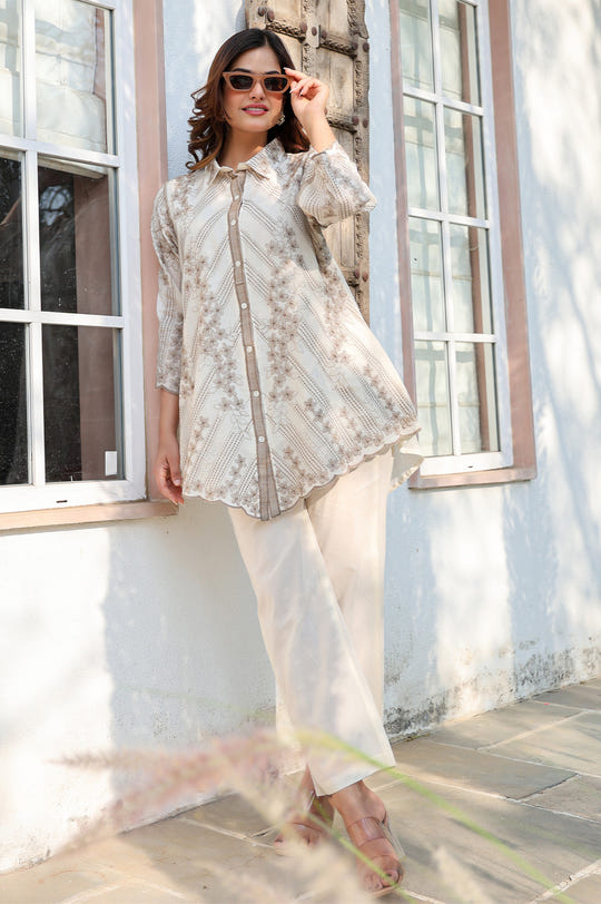 Cream Cotton Resham Embroidered Co-ord Set