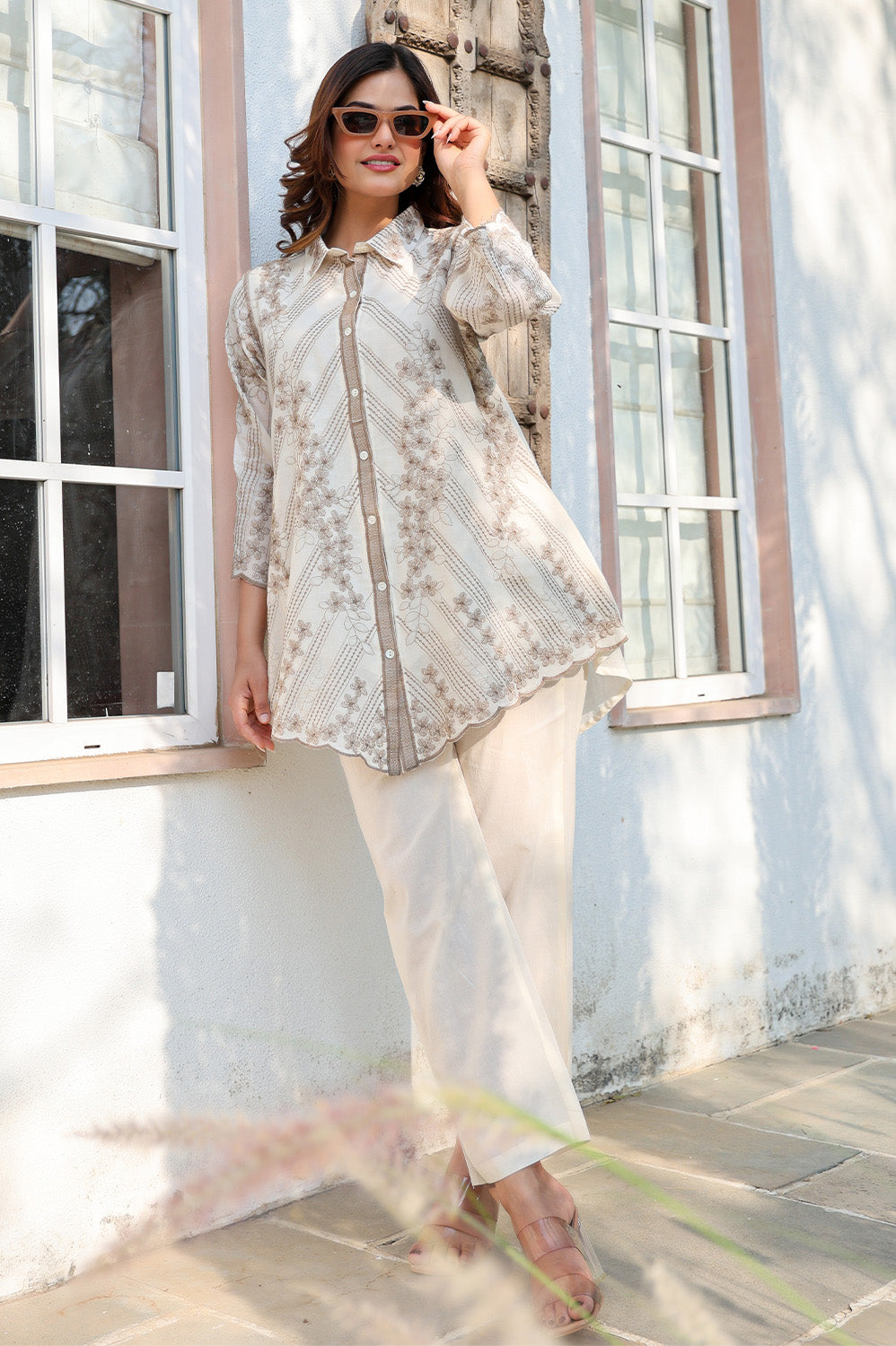 Cream Cotton Resham Embroidered Co-ord Set