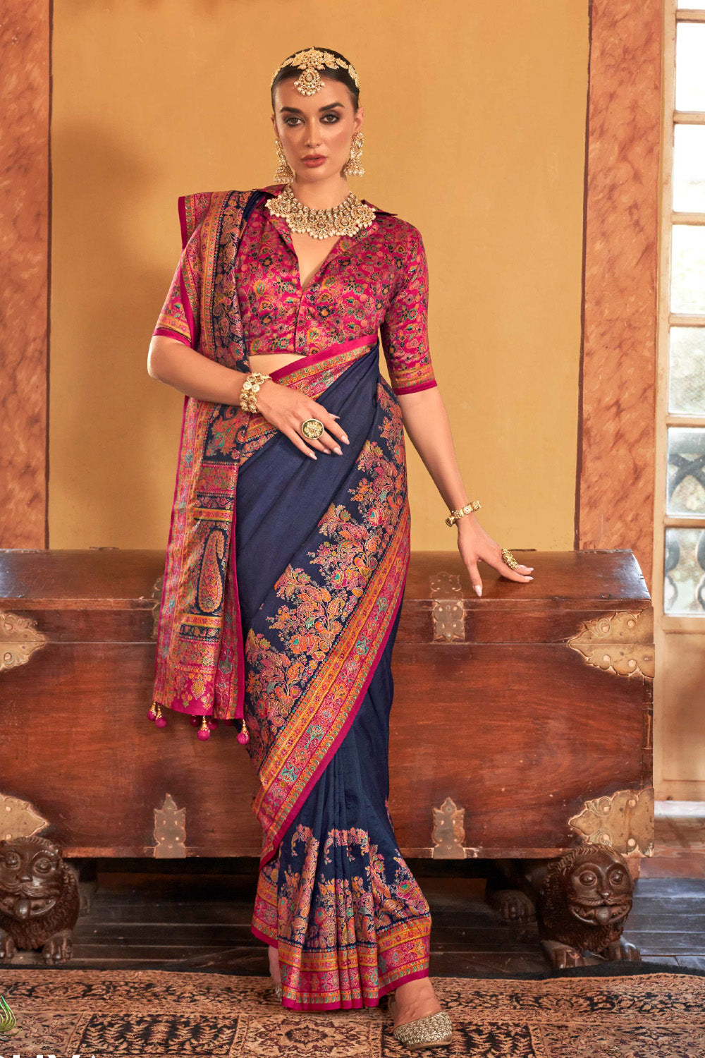 Navy Color Gajji Silk Printed Saree