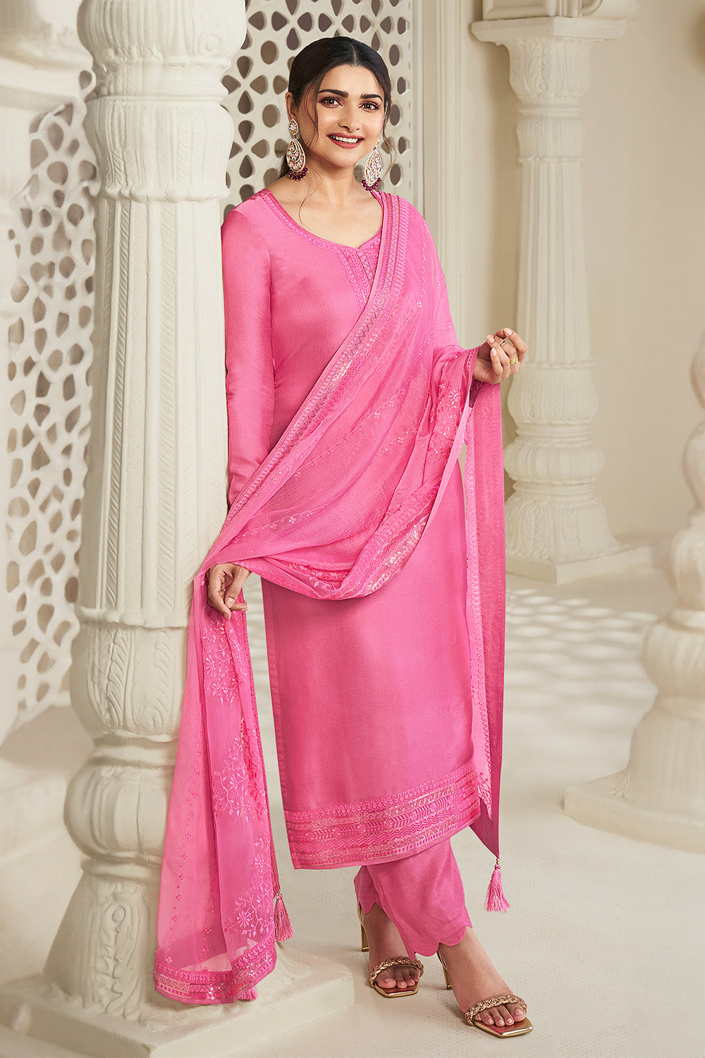 Pink Color Chinon Resham Embroidered Unstitched Suit Material