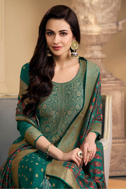 Teal Pashmina Zari Woven Unstitched Suit Fabric