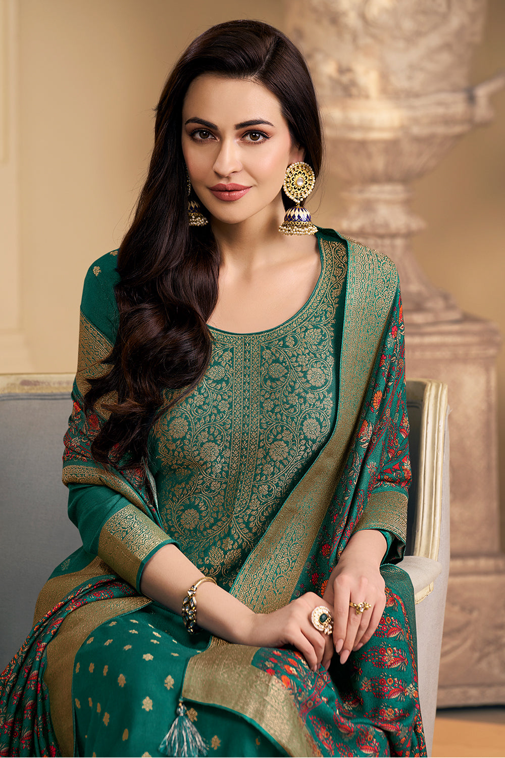 Teal Pashmina Zari Woven Unstitched Suit Fabric