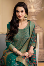Teal Pashmina Zari Woven Unstitched Suit Fabric