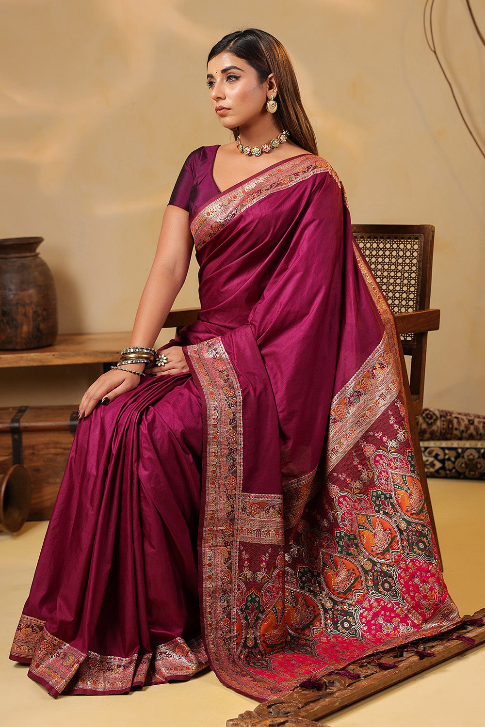 Dark Scarlet Soft Silk Kalamkari Woven Saree