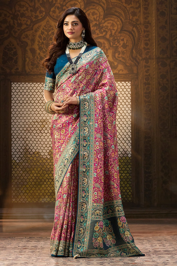 Rani Color Position Print Woven Silk Saree With Swarovski Work