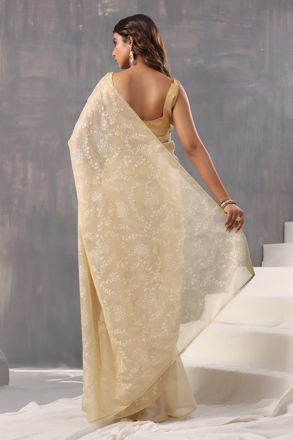 Beige Color Cotton Silk Thread Embroidered Saree