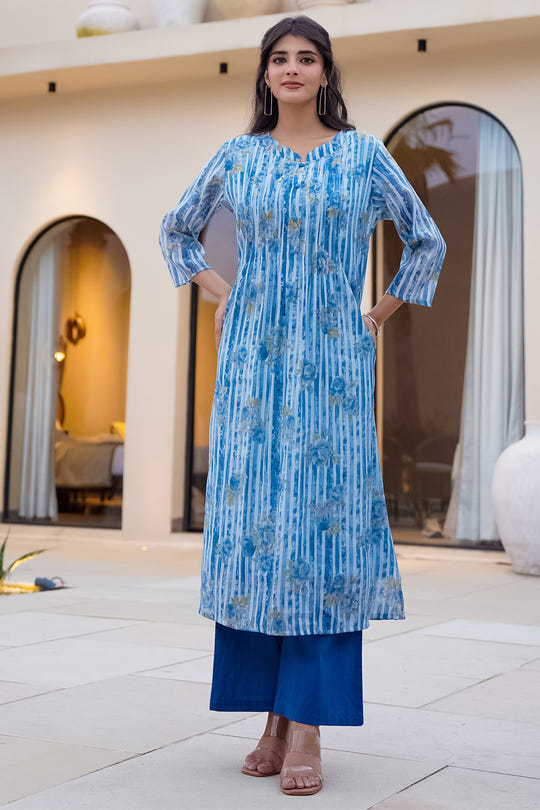 Blue Floral Printed Muslin Kurta Set