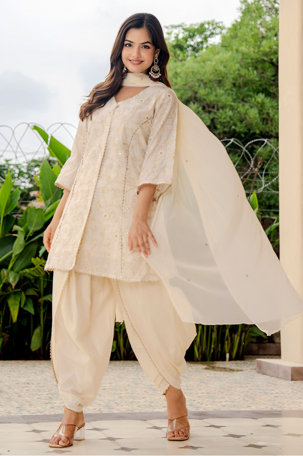 Cream Chanderi Chanderi Embroidered And Gota-Patti Work Suit With Dhoti Style Pant