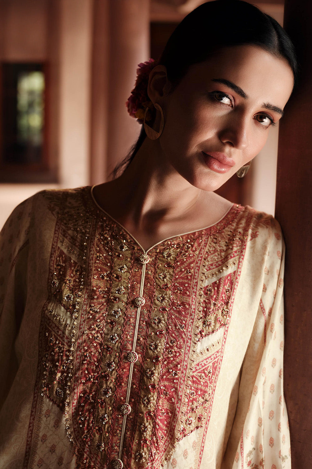 Cream Crepe Printed Unstitched Suit