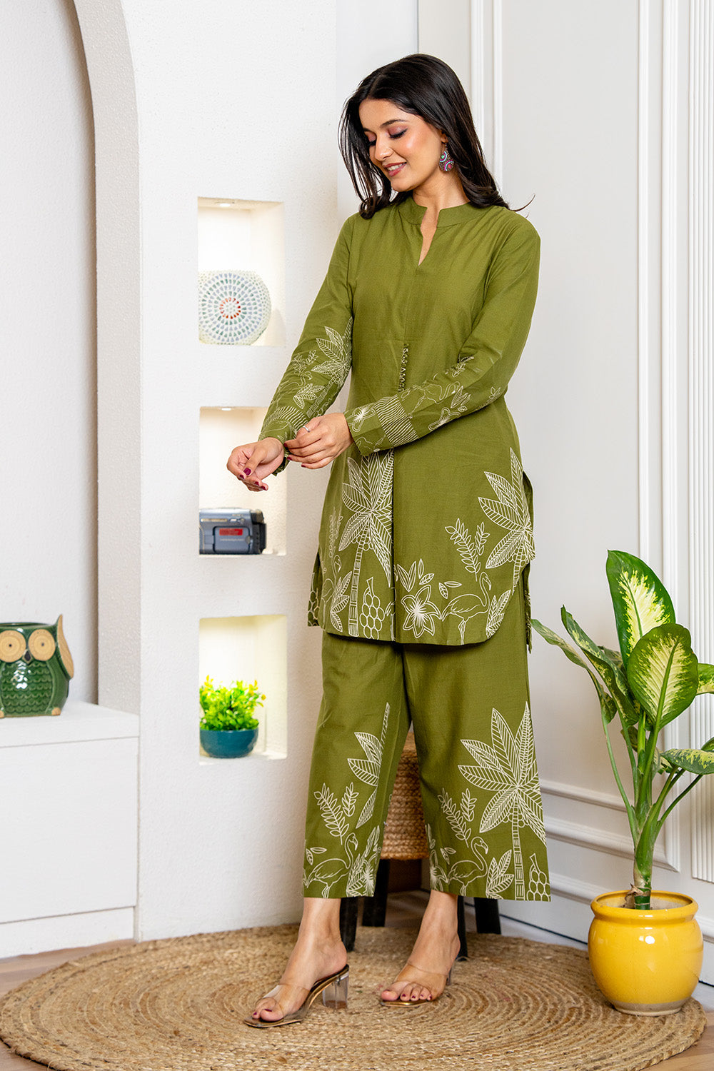 Olive Green Color Floral Printed Cotton Co-ord Set