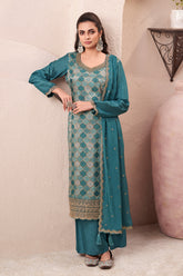 Teal Silk Zari Woven And Embroidered Unstitched Suit Material
