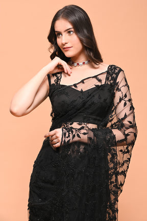 Black Color Net Cut-Dana Work Saree